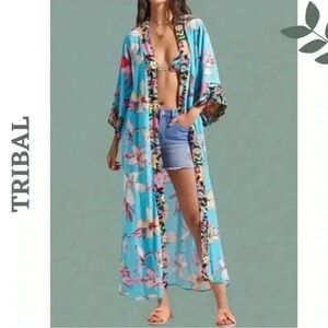 Tribal XIX Palms Duster Honolulu Size S/M Turquoise Floral Print
